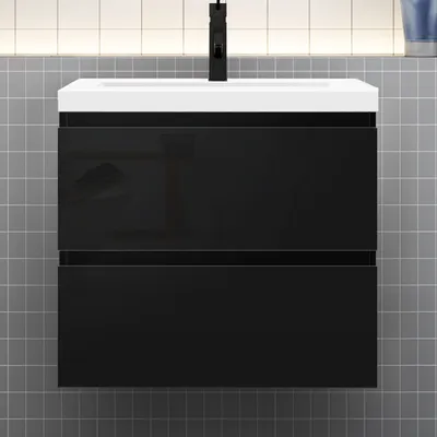 Produktbild von Badmöbel Set HUTI-Serie 50cm Mineralguss Waschbecken mit Unterschrank Badezimmermöbel mit 2 Schubladen Hochglanz Schwarz Hängeschrank