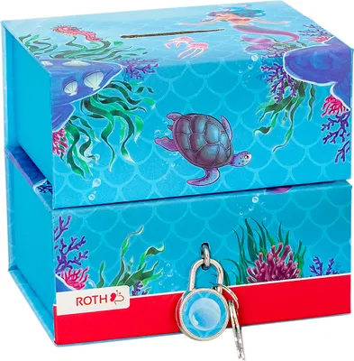 Produktbild von ROTH Spardose - Meerjungfrau mit zwei Fächern - Magnet, Schloss und Schlüssel, Sparbüchse aus Pappe