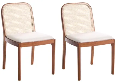 Produktbild von BELIANI Esszimmerstühle 2er Set Braun und Beige Gummibaumholz Rattan Wiener Geflecht Geflochtene Rückenlehne Modernes Design Boho Küchenstühle