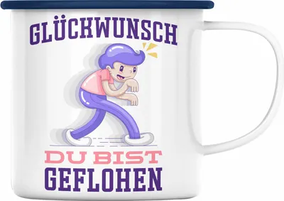Produktbild von Trendation - Glückwunsch Du Bist Geflohen Emaille Tasse Jobwechsel Abschied Abschiedsgeschenk Lustiger Spruch (Blau)