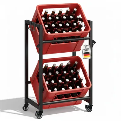 Produktbild von Roxlin Getränkekistenregal für 2 Kisten – Stabiles Metallregal mit Rollen, Haken & Bieröffner, Mobiler Getränkekistenständer für Bier- & Wasserkisten, KI-generiertes Bild