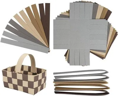 Zdjęcie produktu dla Papierowe koszyczki do rękodzieła i wyplatania – dekoracje wielkanocne i opakowania na prezenty – 12 cm x 8 cm x 65 cm – 10 sztuk (brązowe, szare i beżowe)