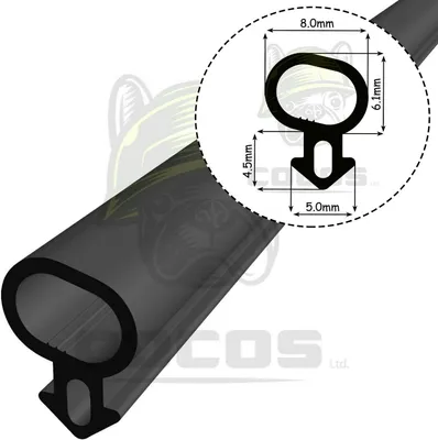 A black rubber seal with a diagram showing its dimensions.
