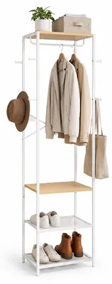 Produktbild von Relaxdays Garderobenständer, 4 Ablagen & 8 Haken, HBT: 181x40x28 cm, Jackenständer mit Stange, Flur, Metall, natur-weiß