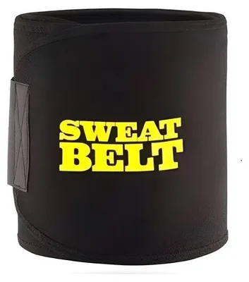 Schwarzer Schweißgürtel mit gelbem "SWEAT BELT"-Text auf der Vorderseite, aufrecht stehend