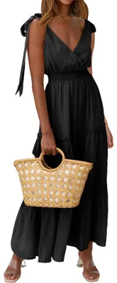 Productafbeelding van PRETTYGARDEN Damesjurk met ronde hals, zomer, mouwloos, getailleerd, maxi-jurk, geschikt voor het strand