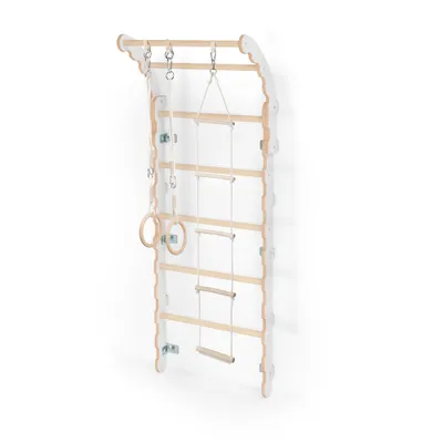 Produktbild von Midi Klettergerüst Indoor fürs Kinderzimmer | Sprossenwand (175 cm) aus Yarnwood | Turnwand + Turnringe + Strickleiter | 100% ECO |  EU