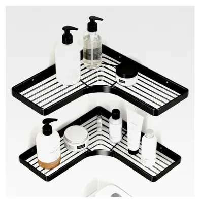 Produktbild von Eckablage Ohne Bohren, 2 Stück Eckregal Bad Rostfrei mit 4 Klebestreifen, Eckregal Dusche Edelstahl Schnellablauf, Badezimmer Regal für Shampoo und Duschgel - Schwarz