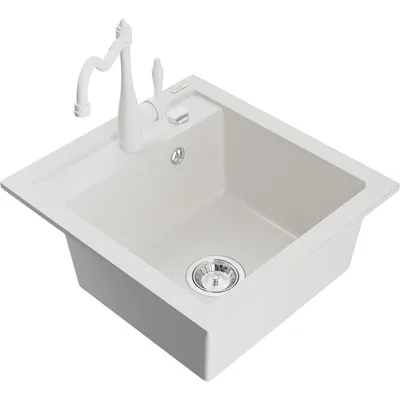 Obrázek produktu pro Mexen Vito 1-miskový granitový dřez s kuchyňskou baterií Carla, Bílá - 6503-20-670700-20