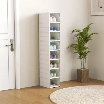 Produktbild von Zimilo Schuhboxen Stapelbar 8er Set, Faltbarer Schuh Organizer mit transparenter Tür, platzsparende Schuhaufbewahrung bis Größe 43, Weiß