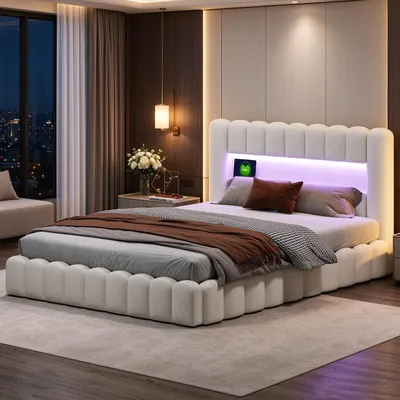 Image de INONEFT : Lit rembourré 160x200 cm avec coffre de rangement, lit double à lattes avec sommier à ressorts, éclairage LED et ports USB, lit pour adolescents multifonctionnel avec sommier à lattes, en lin, couleur beige