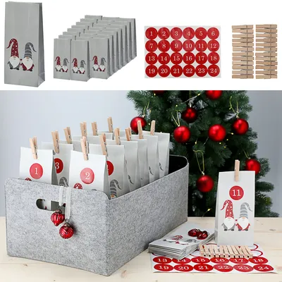 Produktbild von Adventskalender DIY 72tlg. Bastelset 10x20x6cm Papiertüten Zahlensticker Klammern Geschenktüten Tüten