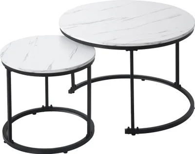 Two round nesting coffee tables with white marble-patterned tops and black metal frames are shown against a white background.