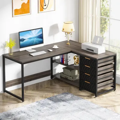 Obrázek produktu pro Psací stůl ve tvaru "L" se 4 zásuvkami a 2 policemi, reverzibilní (otočný), šedá barva, rozměry 150x110x75 cm