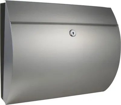 A silver mailbox with a keyhole is shown against a white background.