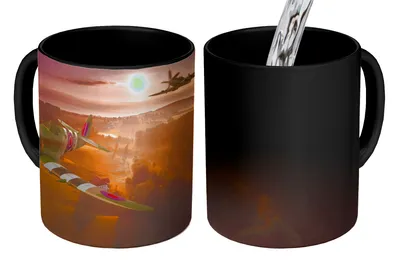 Obrázok produktu pre MuchoWow® Magický pohár Lietadlo Spitfire pri západe slnka 350 ml Pohár na zmenu farby Darček Nápad na darček - Foto hrnček