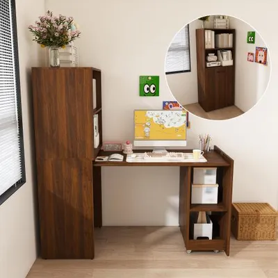 Produktbild von Ausziehbarer Schreibtisch mit Stauraumschrank, 2-in-1 Computertisch mit Regal, platzsparender Bürotisch mit Ablagefächern, 126 x 55 x 136 cm