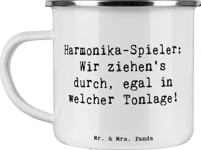 Produktbild von Mr. & Mrs. Panda Emaille Tasse Spruch Harmonika Spieler - Weiß - Geschenk, Handzuginstrument, becher, Pott, Musiker, Instrument lernen, Musikinstrument, Spaß, Haferl