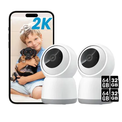 Produktbild von 3MP WLAN Überwachungskamera Innen, 360° Schwenkbar Baby Kamera, WiFi IP Kamera Indoor mit Personenverfolgung, 2-Wege-Audio, 2 Stück 32&64GB TF Karte