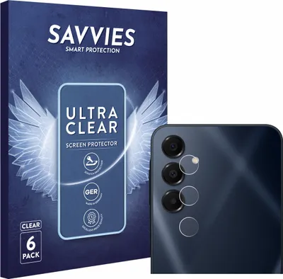 A product package for screen protectors is shown next to a smartphone with camera lens protectors applied.