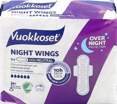 Zdjęcie produktu dla Podpaski Vuokkoset White NIGHT WINGS 9 szt. | Wydłużona Ochrona, Hipoalergiczne, 1,5mm Grubość | Na Noc | Spokojny Sen
