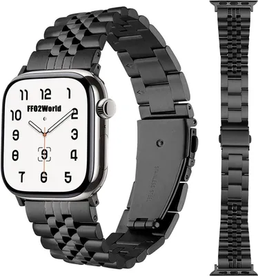 Produktbild von FFO2World Edelstahlarmband mit 5- & 3-Glieder-Design für Apple Watch 46/45/44/42/49 mm (Serie 1–11, SE, Ultra) – robustes Metallarmband – Schwarz