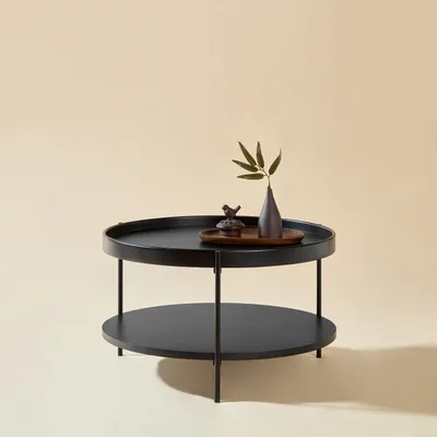 Image de Table basse ronde à deux niveaux, en bois massif, 69 x 69 x 38 cm, noir