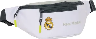 A white Real Madrid fanny pack with a logo and text.