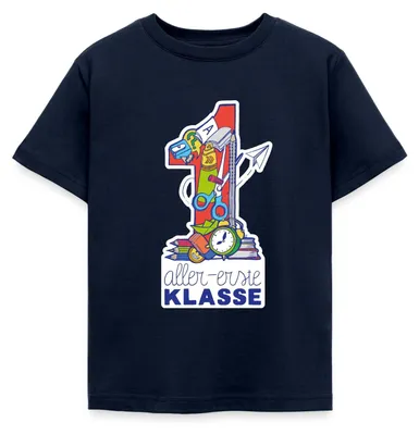 Produktbild von Spreadshirt Einschulung Schulkind Erste Klasse Kinder T-Shirt, 122/128 (7-8 Jahre), Navy