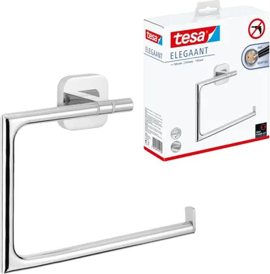 Produktbild von tesa ELEGAANT Handtuchring, verchromt - Handtuchhalter-Ring eckig - zur Wandbefestigung ohne Bohren, inkl. Klebelösung
