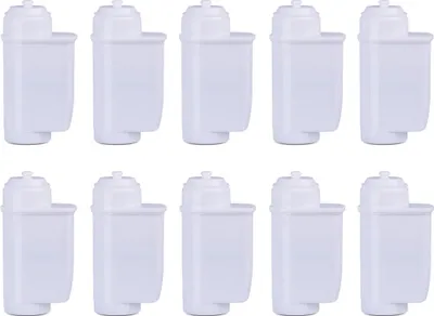 A top-down view of ten white water filter cartridges arranged in two rows of five on a white background.