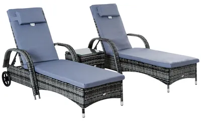 Produktbild von Outsunny 3tlg. Gartenliegen-Set mit Rollen & Tisch, Polyrattan Sonnenliege verstellbar bis 160kg, wetterfestes Gartenmöbel-Set Grau
