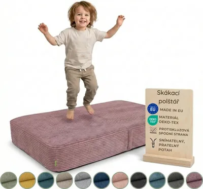 Obrázek produktu pro Pillows24 – skákací polštář pro děti | Skákací polštář 70 x 110 x 17 cm | Peří a pěnová hmota | Dětská trampolína pro domácí použití | Skákací podložka | Snímatelný potah z manšestru