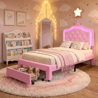 Produktbild von UnboxG Kinderbett 90x200 cm Rosa – Prinzessinnenbett aus Kunstleder mit höhenverstellbarem LED-Kopfteil, Stauraum-Schublade und Lattenrost
