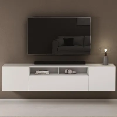 A white TV lowboard mounted on a brown wall, with a TV and a soundbar on top.