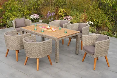 Zdjęcie produktu dla Zestaw mebli ogrodowych Merxx "Imperia" 7 szt. z rozkładanym stołem 180/240 x 100 cm, z poduszkami - aluminiowa rama z kamienno-beżowym plastikowym splotem i drewnem akacjowym