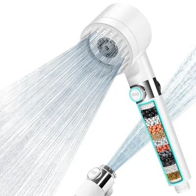 Produktbild von Handbrause mit 15-Schicht-Filter, 3 Strahlarten, 1,5m Schlauch, Wassersparend, Weiß