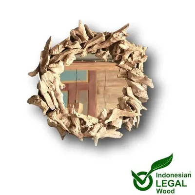 Produktbild von Exotischerleben Wurzelholz Wandspiegel IKAL Ø 60 cm – Handgefertigter Teakholz Spiegel, runder Naturholz Wandspiegel, Unikat mit Wurzelholzrahmen