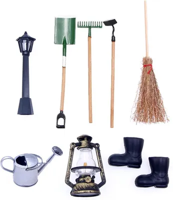 Produktbild von Miniatur Gartengeräte Set, 8-teilig, Metall und Holz, für Puppenhäuser