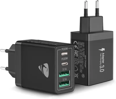 Produktbild von 2-Pack USB C Ladegerät, 4-Port Adapter Mehrfach Ladegerät mit USB-C und USB-A, 40W Schnellladegerät PD 3.0 Charger Power Netzteil für iPhone 15 Pro