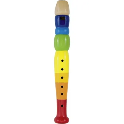 A colorful wooden recorder toy on a white background.