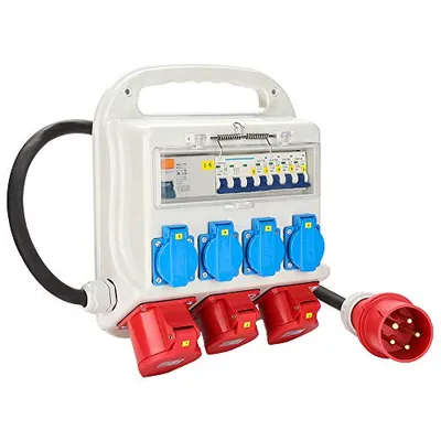 Obrázok produktu pre Clanmacy RCCB 2 x CEE 400V/16A+4 x 230V Schuko IP44 5 pólový rozvádzač Stavebný rozvádzač Nástenný rozvádzač S káblom Bezpečnostné výklopné kryty Na stavenisko