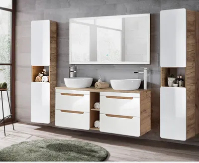 Produktbild von Badmöbel Komplett Set mit 140 cm Waschtisch LUTON-56 Hochglanz weiß mit Wotan Eiche Nb. B/H/T ca. 241/200/46 cm