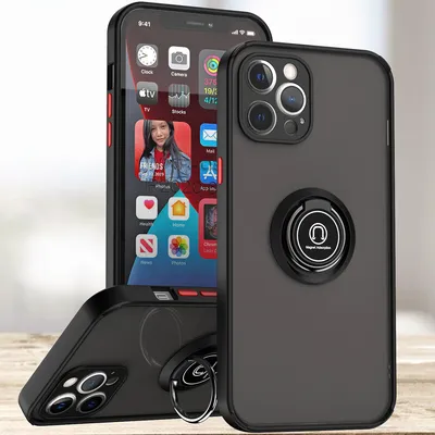 Produktbild von iPhone 12 Pro Hülle, Ring Halter Ständer Matte Transluzent TPU Rahmen Stoßfest Schutzhülle für iPhone 12 Pro Dunkelgrau