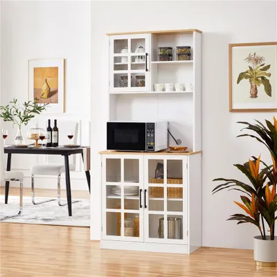 Produktbild von Yaheetech Küchenschrank, Vorratsschrank, Küchenbuffet, Mehrzweckschrank, mit verstellbaren Einlegeböden, für Mikrowelle geeignet, 2 Kabellöcher, Weiß