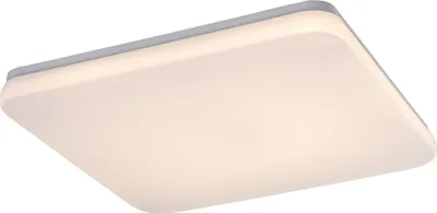 A close-up, angled view of a white, rectangular LED ceiling light with a gray trim.