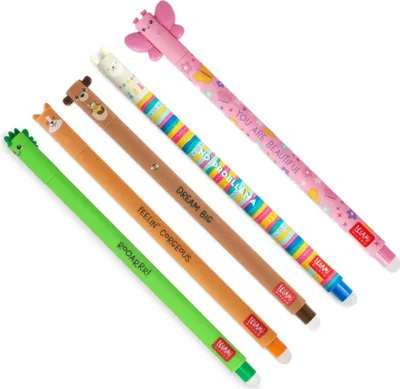 Produktbild von LEGAMI Gelstifte Set 5 Stück | radierbare Thermotinte | 0,7 mm Spitze | verschiedene Motive Dino, Bär, Lama, Corgi, Schmetterling | inkl. Radierfunktion | für Schule & Büro