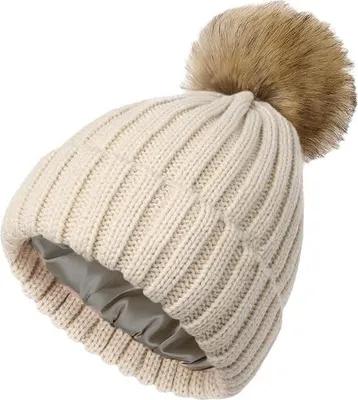 Produktbild von Wintermützen für Damen, gefütterte Beanie-Strickmütze, grob gestrickt, für Damen, Schneemütze – Beige