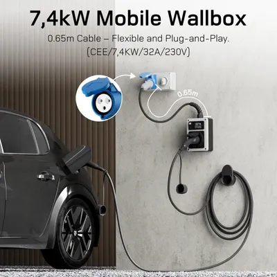 Produktbild von Mobile Wallbox 7,4 kW – Ladestation für Elektroautos mit App und CEE-Stecker