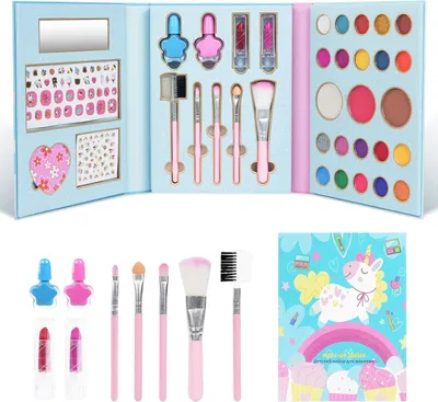 Imagen del producto de Kit de maquillaje para niños, con 23 colores, lavable, que incluye pinceles, un espejo y pegatinas para uñas, ideal para niños